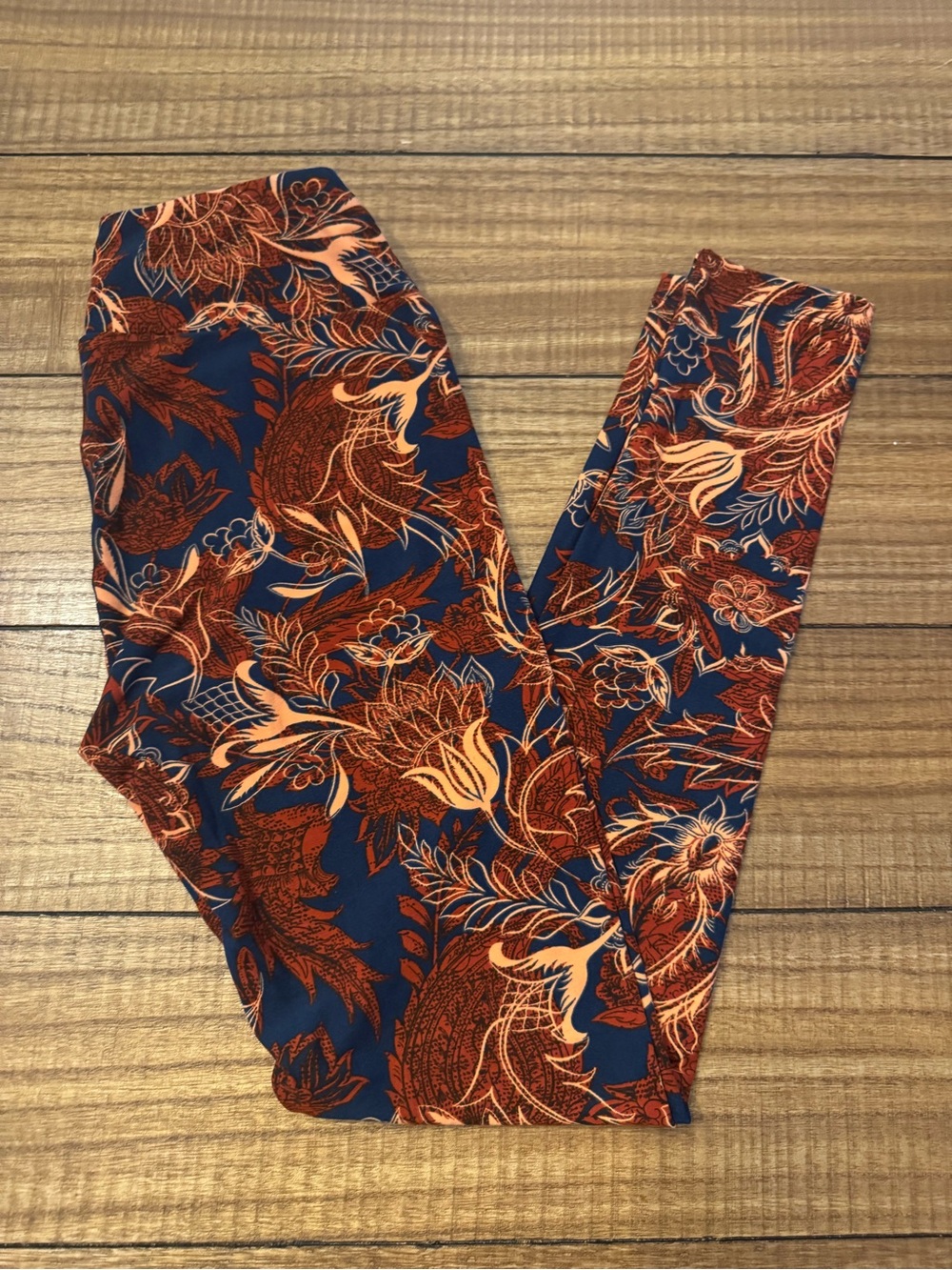 LuLaRoe Navy Floral Leggings with Rust & Orange Accents